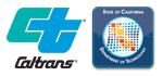 Caltrans and California Department of Technology (CDT) logos. The Caltrans logo: an aqua “c” and a turquoise “t” appear above the “Caltrans” logotype in black. A small registered mark consisting of a black “R” within a black circle outline appears twice: once to the upper right of the turquoise “t” and once to the upper right of the “s” at the end of the “Caltrans” logotype, to indicate that they are both registered marks that are protected against infringement through the US Patent and Trade Office. The circular California Department of Technology logo appears as an overlay on top of a blue square and both are outlined in turquoise. The words "State of California" in white overlay the blue square above the circle and the words "Department of Technology" in white, below the circular logo, also overlay the blue square and follow the lower curve of the circle. Within the circle, the shape of the state of California is pixelized into varying sizes of orange and yellow squares, overlaying a diagonal square shape made up of turquoise, blue and violet squares. 