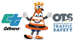 The Caltrans logo; the Work Zone Safety Mascot "Safety Sam," an illustrated orange cone cartoon character that is wearing a Caltrans logo ballcap, white gloves and orange tennis shoes; and the OTS California Office of Traffic Safety logo.