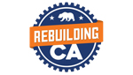 Rebuilding CA (California) logo. The silhouette of a gear in navy blue with the outline of a walking grizzly bear flanked by two stars in white at the top. An orange band wraps the gear with the word "Rebuilding" in white appears below the bear. "CA" displays at the bottom of the gear in white below the orange band.