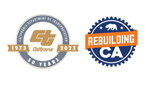 Two circular side-by-side color logos. At left, Caltrans' blue-gray and gold 50th Anniversary logo with "The California Department of Transportation" in the arc above and "50 Years" in the arc below. The Caltrans "CT" logo in gold is in the center of the blue-gray circle and flanked by gold ribbons on either side that read "1973" on the left and "2023' on the right. The logo on the right is for Rebuilding California, which looks like a navy blue gear layered with an orange sash on top that has "Rebuilding" in white over it. "CA" is reversed out of the navy blue below that in white and at the top is a California golden bear, flanked by two stars, also reversed out of the navy blue in white,