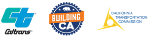 Caltrans logo, Building CA logo, and California Transportation Commission logo