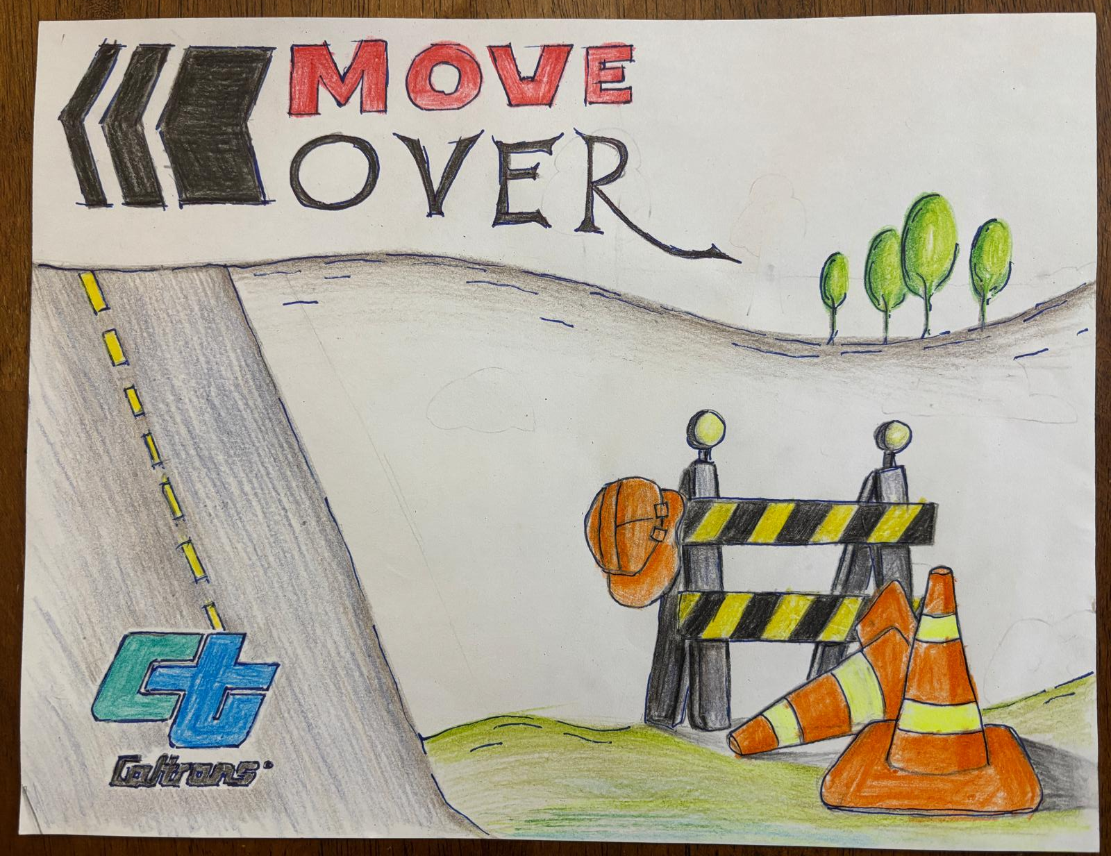 The image is a hand drawn image with the words move over at the top with black arrows to the left of the words. below the words is an image of a black and yellow barricade along a highway with an orange helmet hanging on the barricade. Next to the barricade are two orange cones. in the background are green trees and brown hills. The caltrans logo is in the bottom left of the image. 