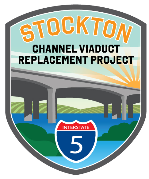 A logo of the Stockton Channel Viaduct Replacement Project. Logo include the Interstate 5 bridge over a river and the Interstate 5 freeway sign. 