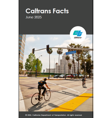 Cover page for the June 2025 Caltrans Facts showing bicyclists riding on busy streets