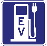 A street sign with an electronic vehicle refill symbol, which is a gas refill station symbol with the letters E and V superimposed over it.