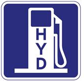 A street sign with a hydrogen vehicle refill symbol, which is a gas refill station symbol with the letters H, Y, and D superimposed over it.