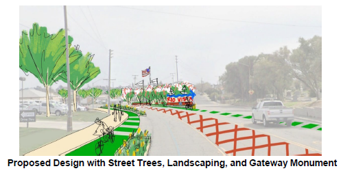 Imagery of street trees and landscaping that contribute to a reduction in the rate of crashes with the perception of a narrowing roadway, where a driver is more likely to encounter pedestrians, bicyclists, and cross-traffic