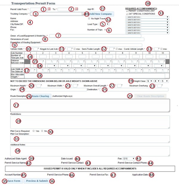 STARS electronic single trip permit application form with numbers identifying each step.