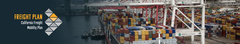 California Freight Mobility Plan header image is of a container yard on a pier